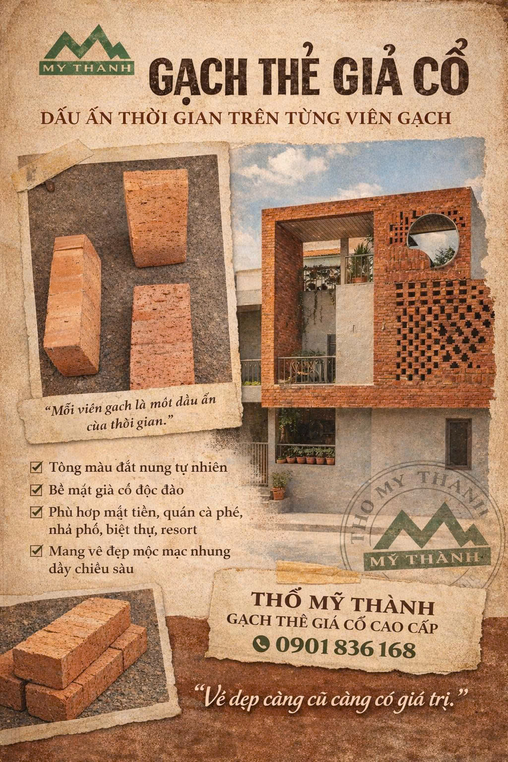 gạch thẻ giả cổ màu đất nung tự nhiên mỹ thành